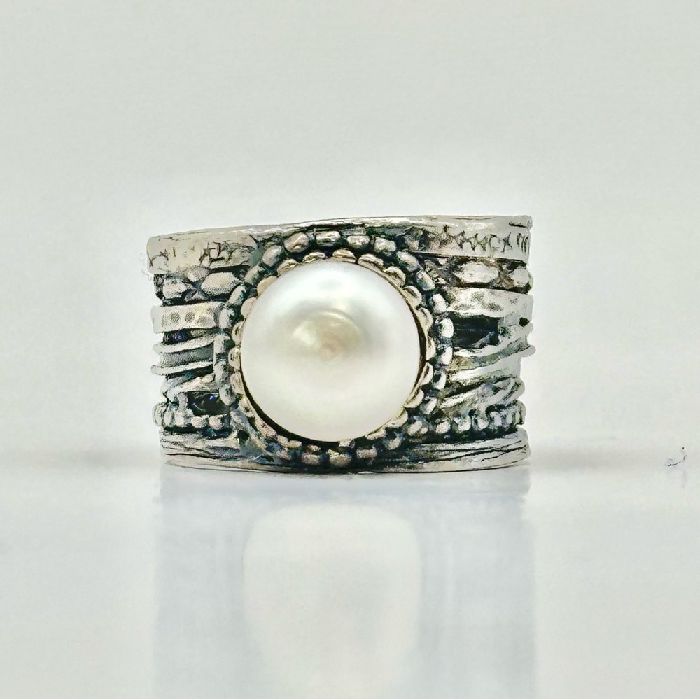 Sterling Silver &  Pearl Wide Band Ring size 7